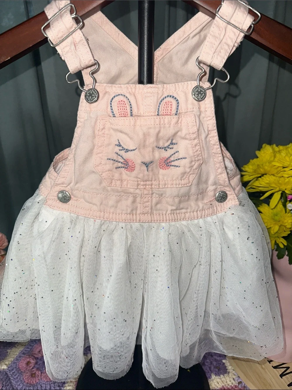 🎉Girls Pink Bunny Pocket Overall Dress with White Tulle Skirt. C314
